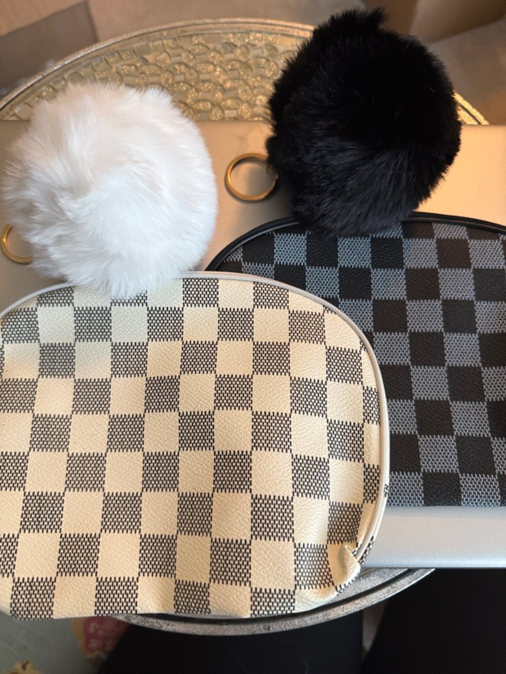 Set of 4 Items - Checkered Cosmetic Pouches with Fur Pom Poms